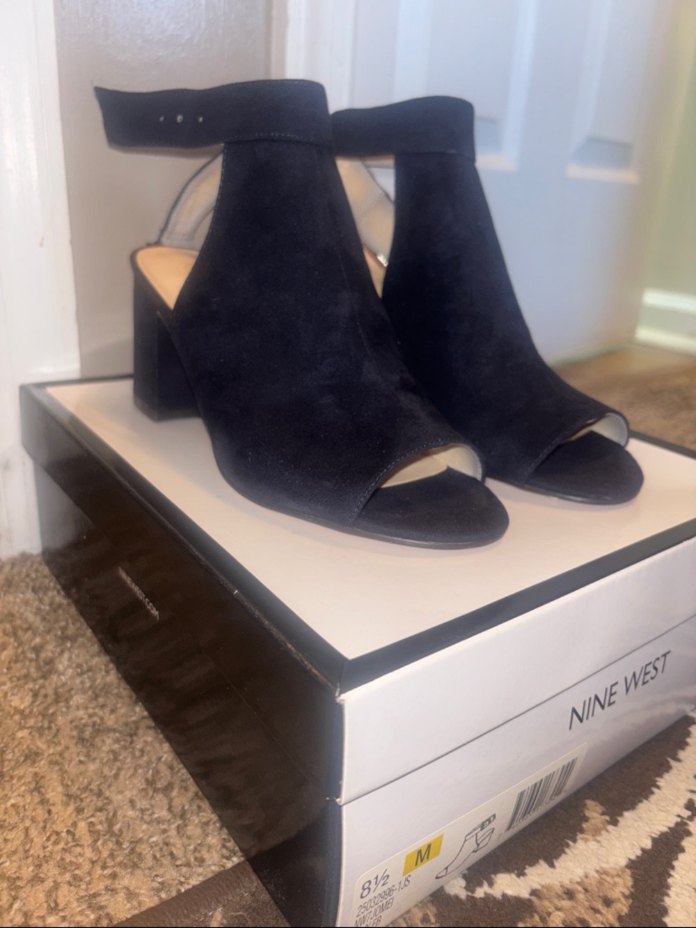 Nine West Black Suede Peep-Toe Ankle Strap Block Heels